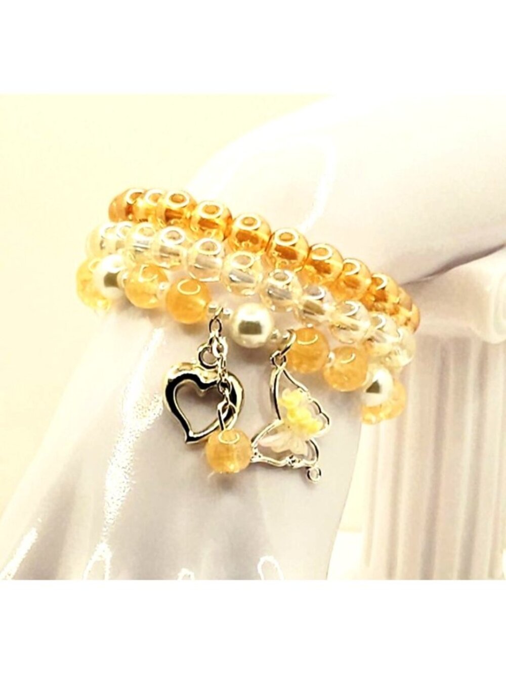 Gold Tone Beaded Bracelet Stack, Butterfly Charm Bracelet, Coquette Jewelry
